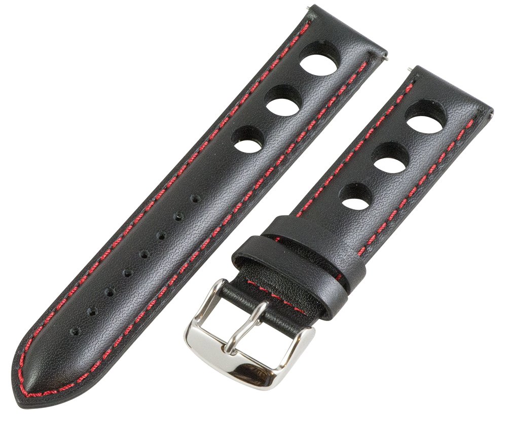 Clockwork Synergy, LLC 26mm Rally 3-hole Smooth Black / Red Leather Interchangeable Replacement Watch Band Strap