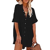 Pink Queen Women V Neck Long Sleeve Button Down Blouse Tunic Shirt Mini Dress with Pockets