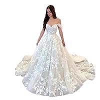 Luxury Off Shoulder Floral lace Women Ball Gown Princess Wedding Dresses for Brides with Long Train