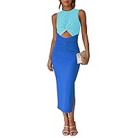 Pink Queen Women's Crew Neck Sleeveless Cutout Twist Ruched Slit Tie Back Ribbed Bodycon Midi Dress