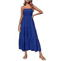 Women's Boho Tiered Sundress, Spaghetti Strap Smocked Slip Dress, Summer Casual Solid Sleeveless Beach Maxi Dresses