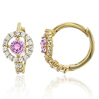 14K Yellow Solid Gold Micropave 6.5mm Round Halo AAA Cubic Zirconia Huggie Earrings | 5 Colors: Emerald, Pink, Red, Sapphire and Yellow | 6.5x10mm | Solid Gold Huggie Earrings for Women and Girls