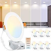 BesLowe 6 Packs 6 Inch 5CCT LED Recessed Ceiling Lights Ultra-Thin with Junction Box, 12W 150W Eqv, 3000K/3500K/4000K/5000K/6500K, 1200LM Dimmable Canless Downlights for Kitchen Hallway Dining Room