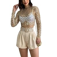 Leezeshaw Women’s Mesh Sheer Beads Sequin Crop Tops See Through Glitter Tee Blouse Long Sleeves Clubwear Cover Up