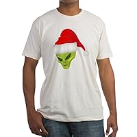 Fitted T-Shirt Green Alien Head with Christmas Santa Hat - Natural, Large
