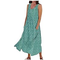 Dresses for Women 2024 Summer Fashion Round Neck Printed Sleeveless Large Swing Dress with Pockets