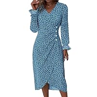 Autumn Floral Midi Dress for Women Neck Long Sleeve Ruched Slim Fit Dresses Female Sexy Robe