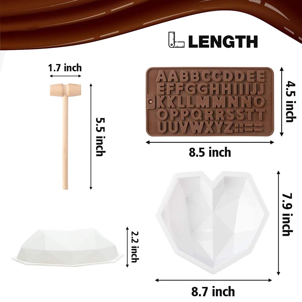 Diamond Heart Shaped Mousse Cake Mold Trays, 8.7 inch Silicone Dessert Baking Pan Safe Not Sticky Mould with 4 Pcs Wooden Hammers and 2 Chocolate Molds for Home Kitchen DIY Baking Tools