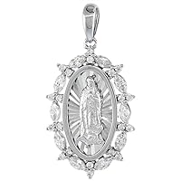 1 inch Oval Sterling Silver Cubic Zirconia Our Lady of Guadalupe Necklace Round & Marquise CZ Halo 16-24 inch