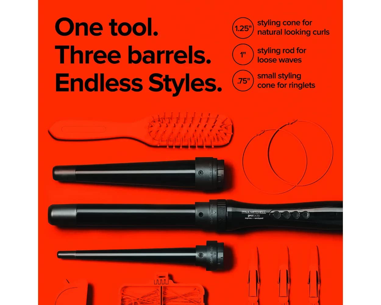 Paul Mitchell Pro Tools Express Ion Unclipped 3-in-1 Ceramic Interchangeable Curling Wand, 3 Barrels for Multiple Hairstyles, Black