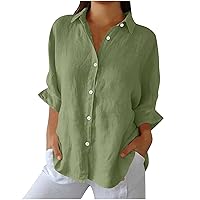 Cotton Linen Shirts for Women Summer Casual 3/4 Sleeve Loose Blouse Tees Button Down Lapel Tops Fashion Tie Back Sexy Tshirt