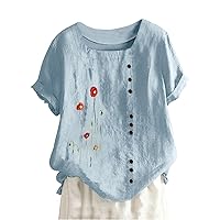 Womens Tops Casual Short Sleeve Square Neck Cotton Linen Shirts Short Sleeve Tshirts Loose Casual Blouse Summer Tee