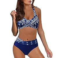 Two Piece Tummy Control Swimsuits for Women Removable Pads High Waisted Trendy Twist Front Bathing Suits Deep V Neck