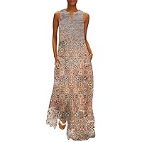 LIXIAO Summer Dresses for Womens,Sleeveless Maxi Dress Boho Floral Print Loose Flowy Sundress Maxi Dress with Pockets