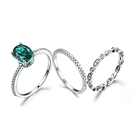 14k White Gold 7x9mm Oval Green Emerald Engagement Ring Set,Diamond Eternity Wedding Matching Band Bridal