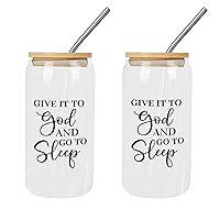 2 Pack Coffee Glass Cup with Lid And Straw Give It to God And Go to Sleep Glass Cup Gift for Mother Day Cups Great For For Juicing Coffee Soda Tea