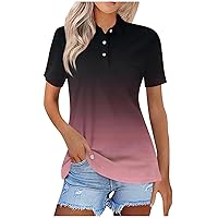 Henley Shirts for Women Gradient Fashion Baggy Tops Short Sleeve Button Down Blouse Printed Work Business Shirt