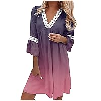 Sparkly Dresses for Women 2024 Floral Print Fashion Casual Loose Fit with Layered Long Sleeve V Neck Dress