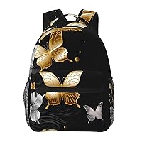 Laptop Backpack for Men Women Lightweight Backpack Gold White Butterflies Black Casual Daypack with Bottle Side Pockets