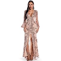 Women's Summer Evening Dress High Split Mesh Long Sleeve Glitter Cocktail Maxi Long Dress V-Neck Sequin Bridesmaid Dress