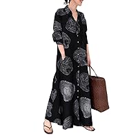 Women Long Sleeve Button Up Maxi Shirt Dress Casual Cotton Linen Long Shirtdress Loose Swing Tshirt Dress with Pocket