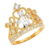14k Yellow Gold CZ Cubic Zirconia Simulated Diamond Quinceanera Sweet 15 Years Crown Ring Size 7 Jewelry Gifts for Women
