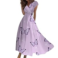 Today's Deals of The Day Floral Dress for Women Butterfly Pattern Fashion Modest Elegant with Short Sleeve V Neck Swing Tunic Dresses Purple Medium