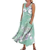 Summer Linen Dress Bohemian Dress for Women 2024 Floral Print Casual Loose Fit Linen with Sleeveless U Neck Pockets Dresses Mint Green XX-Large
