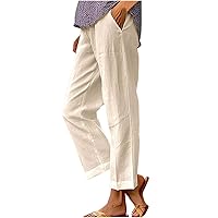 Plus Size Cotton Linen Pants Women Casual Lightweight Straight Leg Trousers Elastic High Waist Loose Everyday Pants
