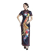 Women's Cheongsam Maxi Dress Floral Phoenix Print Short Sleeve Slim Fit Ankle Length Bodycon Qipao Black 3460