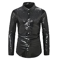 Metallic Sequin Splicing Glitter Shirt Men Long Sleeve 70'S Disco Halloween Xmas Party Shirts Mens Club Stage Prom