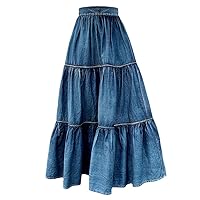 Spring Summer Women Long Denim Skirts Loose Casual Elastic Waist Ruffles Maxi Jean Skirt