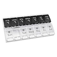 EZY DOSE Push Button (7-Day) Pill Case, Medicine Planner, Vitamin Organizer, 2 Times a Day AM/PM, Removeabale Trays, Large Compartments, Arthritis Friendly, Black and White Lids, BPA Free