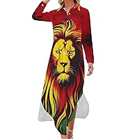 Women's Button Down Maxi Shirt Dress Jamaica Lion Rasta Casual Long Sleeve Loose Shirt Dresses