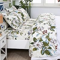 FADFAY Shabby Floral Sheets King 100% Cotton 600 TC White Flower and Green Leaves Bedding Vintage Garden Botanical Print Country Side Bed Sheet Soft Deep Pocket Sheet 17.5'',Beige