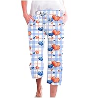 Cute Love Heart Capri Pants Women Summer Daily Loose Lounge Pants Drawstring Waist Straight Leg Pants with Pockets