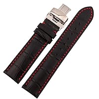 for Any Brand watchband Genuine Leather Strap Black with red Stitches watchband 18mm 19mm 20mm 21mm 22mm 23mm 24mm watchbands (Color : 10mm Gold Clasp, Size : 19mm)