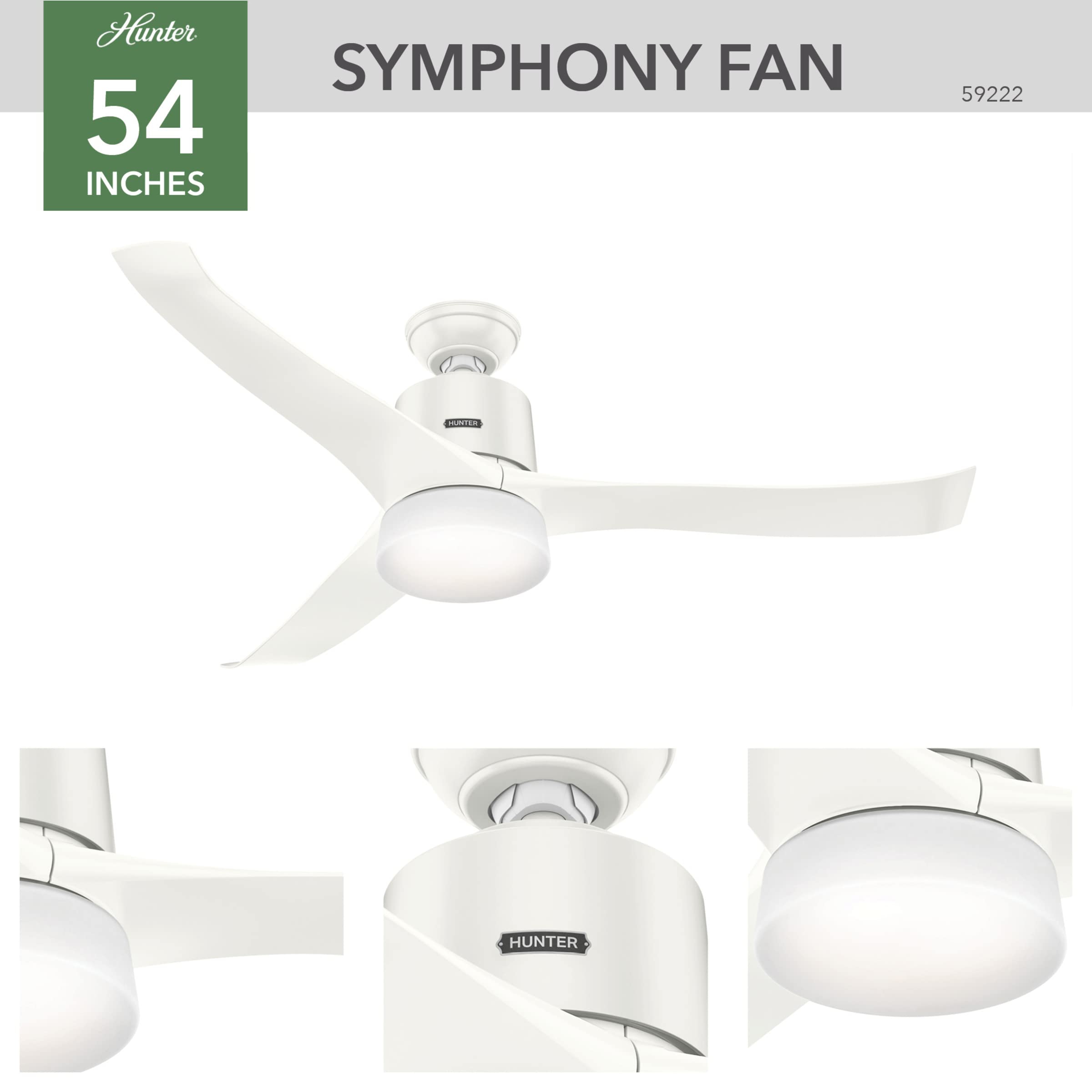 Hunter Fan Company, 59222, 54 inch Wi-Fi Symphony Fresh White Ceiling Fan with LED Light Kit and Handheld Remote, Smart Fan, Matte Nickel finish