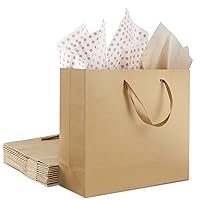12 Pack Kraft Paper Bags, Large Gift Bags with Tissue Paper, Brown Paper Gift Bags with Ribbon Handles for Shopping, Small Business, Bridal Party, Wedding, Christmas and Holiday (12.5” x4.5” x11”)