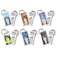 San Diego Souvenir Keychains. 6 Piece Set. Authentic location souvenir acknowledging where you've actually set foot. Genuine sand of San Diego encased in foot cavity. Made in USA.