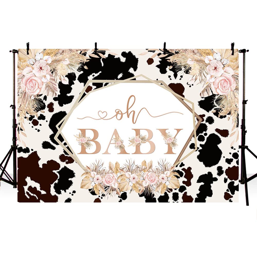 MEHOFOND Boho Cow Oh Baby Backdrop for Girls Baby Shower Blush Pink Floral First Holy Cow Boho Pampas Grass Black White Cow Print Photography Background Farm Cow Theme Baby Shower Decorations 8x6ft