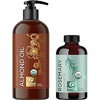 Certified Organic Hair Treatment Oils - Organic Sweet Almond Oil Plus Organic Rosemary Oil for Hair Growth and Skin Care - Organic Hair Oil for Dry Damaged Hair and Growth plus Dry Scalp Treatment