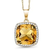 Gem Stone King 10K Yellow Gold Yellow Citrine and White Created Sapphire Pendant Necklace For Women (6.09 Cttw, Gemstone November Birthstone, Cushion Cut 12MM, with 18 Inch Chain)