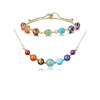 Jovivi 7 Chakra Braceket & Necklace Set Adjustable 14K Gold Plated Crystal Stones Bracelet Jewelry Birthday Mothers Day Gifts