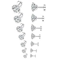 Tornito 7 Pairs 18G 20G Stainless Steel Stud Earrings Round Cubic Zirconia Barbell Earring Set For Men Women 2MM-8MM Silver Tone