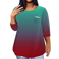 Women Plus Size Winter Tops Sexy Gradient 3/4 Length Sleeve Oversized Shirts Casual Crewneck Fashion Clothes