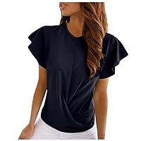 Women's Athletic Shirts Fashion Solid Color Round Neck Lace Short Sleeve Knotted T-Shirt Top Soft T Shirts, S-2XL
