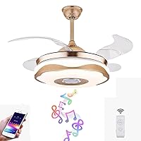 36'' Retractable Ceiling Fan, Fans with Bluetooth Music Player, Fandelier 7 Colors Dimmable Ceiling Fan Light, 3 Speed with Remote Control Quiet Motor for Living Room/Restaurant/Bedroom ONEKISS Gold