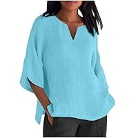 3/4 Length Sleeve Womens Tops Summer Linen Shirts for Women Solid Color V-Neck Loose Fit Tees Trendy Casual Cotton and Linen Three-Quarter Sleeve Blouses