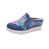 Tulip Embroidery Wedge Sandal Slipper Shoes Blue